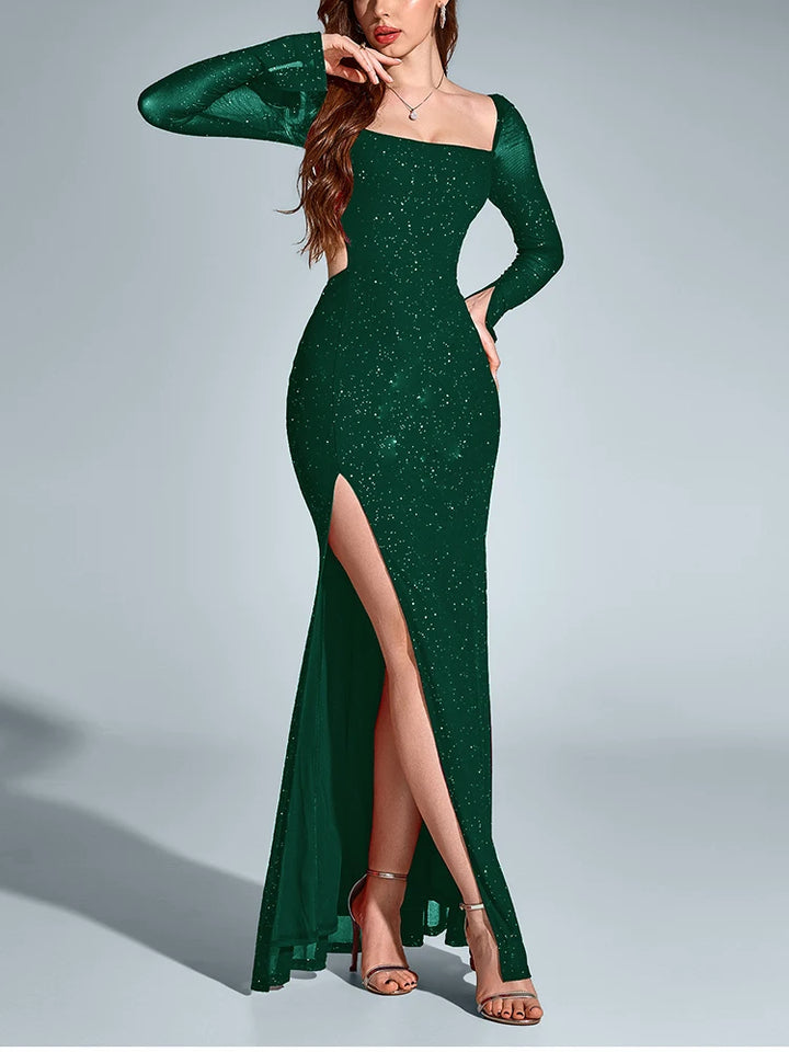 שמלת מקסי נצנצים בעיצוב גב פתוח ושסע - מדמואזל