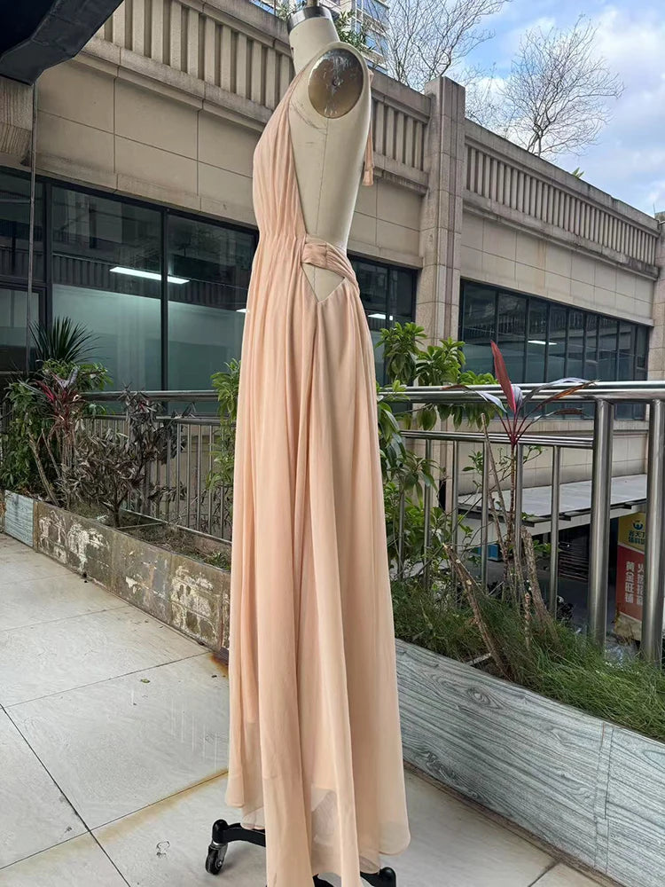 שמלת מקסי שיפון בוהו שיק קשירה בעורף גב פתוח - הל