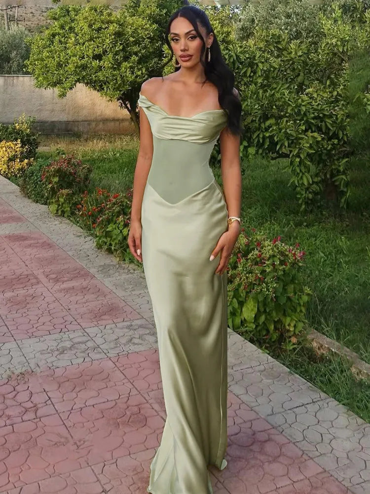 שמלת מקסי סאטן כתפיים חשופות בעיטור רשת - ELIANA