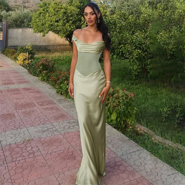 שמלת מקסי סאטן כתפיים חשופות בעיטור רשת - ELIANA