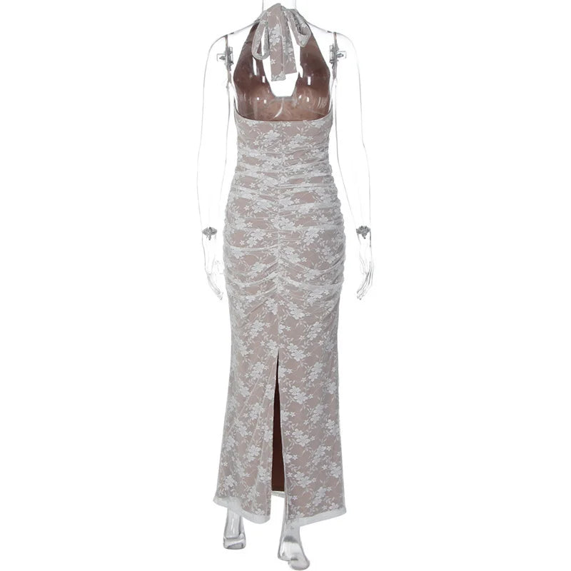 שמלת מקסי תחרה קשירה בעורף גב פתוח - לונה