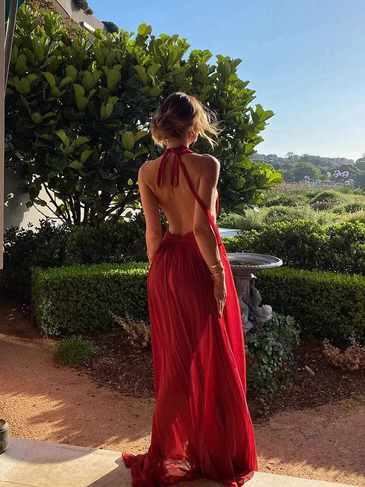 שמלת מקסי שיפון בוהו שיק קשירה בעורף גב פתוח - הל