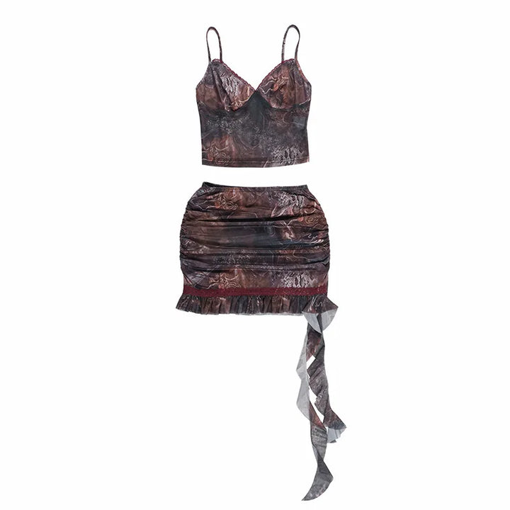 סט שני חלקים בעיצוב הדפס מיוחד טופ וחצאית מיני בעיטור שובל מלמלה - טוניק