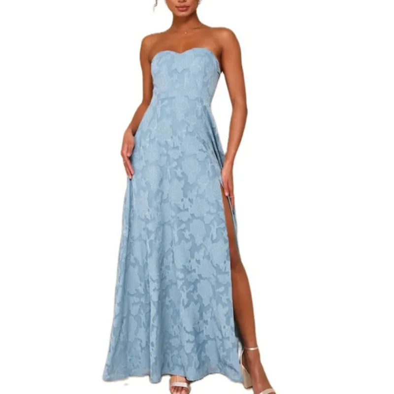 שמלת מקסי סטרפלס בעיצוב רקמת פרחים ושסע - פלורה