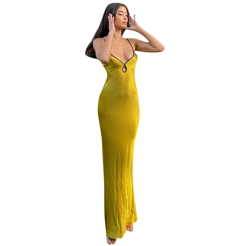 שמלת מקסי סאטן קשירה בגב פתוח - צוק