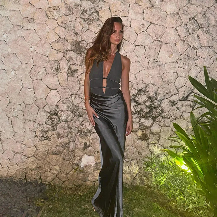 שמלת מקסי חלק תחתון סאטן - NAYA