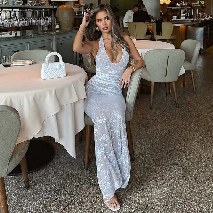 שמלת מקסי תחרה קשירה בעורף גב פתוח - לונה