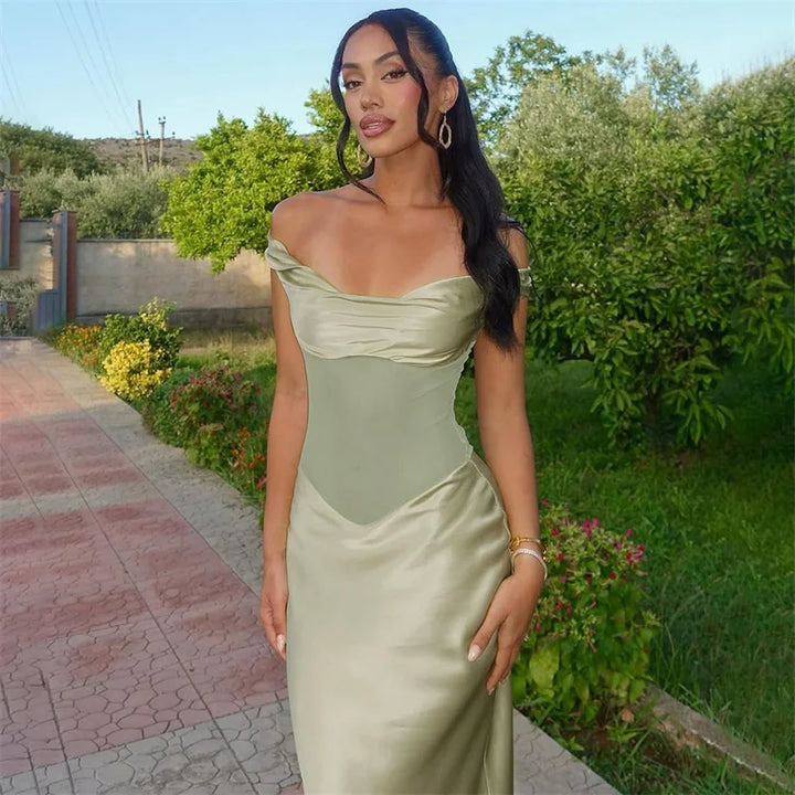 שמלת מקסי סאטן כתפיים חשופות בעיטור רשת - ELIANA