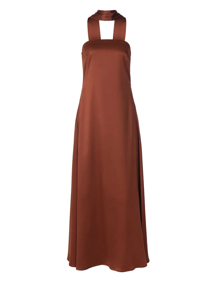 שמלת מקסי סטרפלס סאטן בעיטור צעיף תואם - טיראן