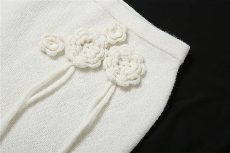 סט שני חלקים סרוג בעיטור אפליקציות פרחים טופ קשירה וחצאית מקסי - אווה