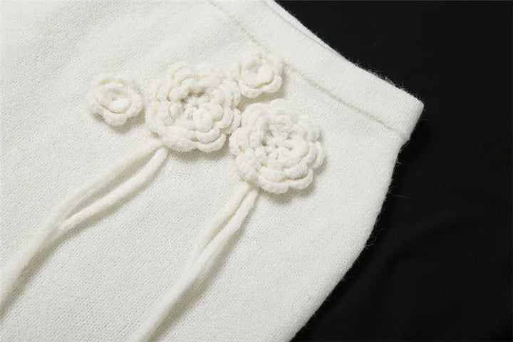 סט שני חלקים סרוג בעיטור אפליקציות פרחים טופ קשירה וחצאית מקסי - אווה