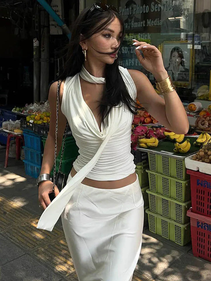 טופ צווארון נופל בעטור צעיף תואם - ג'י