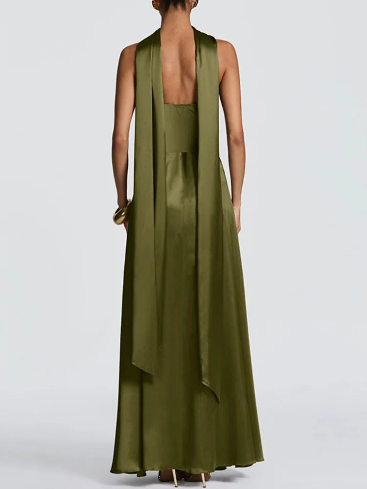 שמלת מקסי סטרפלס סאטן בעיטור צעיף תואם - טיראן