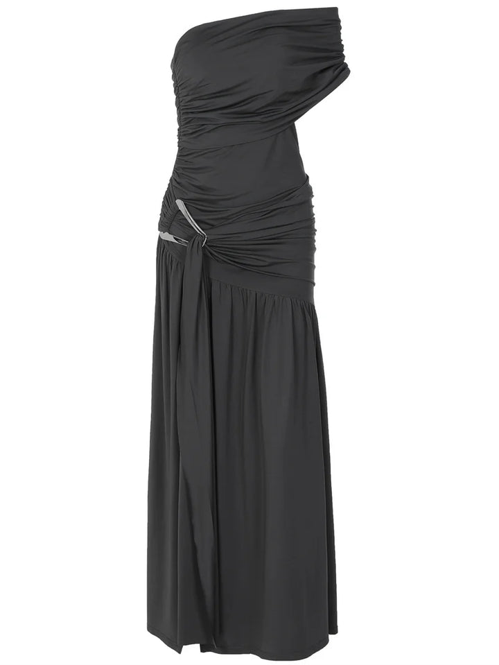 שמלת מקסי בעיצוב כתפיה אחת ושסע בעיטור כיווצים ואבזם - וולדה