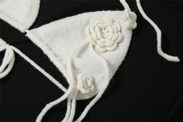 סט שני חלקים סרוג בעיטור אפליקציות פרחים טופ קשירה וחצאית מקסי - אווה