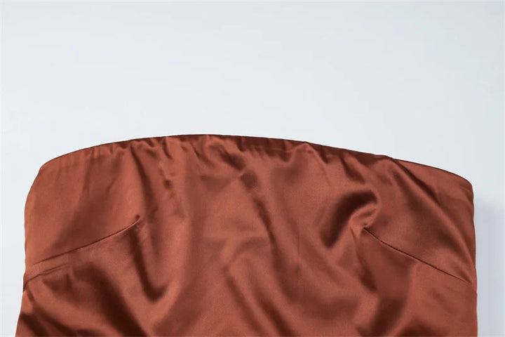 שמלת מקסי סטרפלס סאטן בעיטור צעיף תואם - טיראן