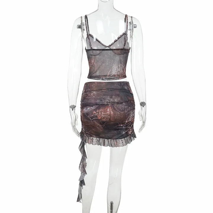 סט שני חלקים בעיצוב הדפס מיוחד טופ וחצאית מיני בעיטור שובל מלמלה - טוניק