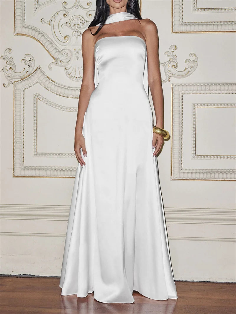 שמלת מקסי סטרפלס סאטן בעיטור צעיף תואם - טיראן