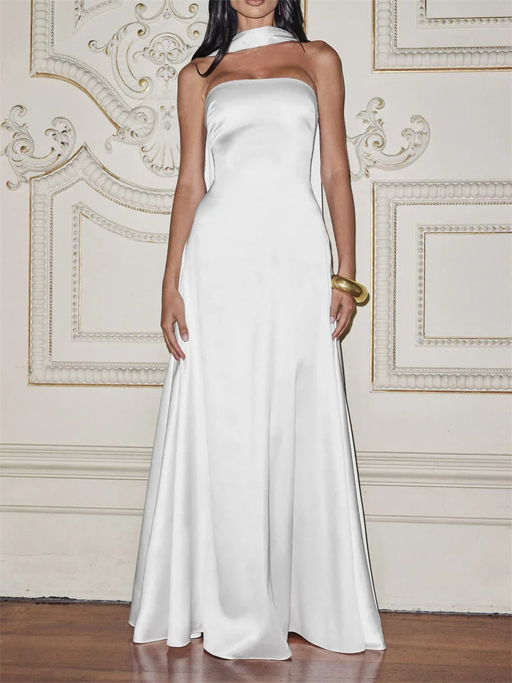 שמלת מקסי סטרפלס סאטן בעיטור צעיף תואם - טיראן