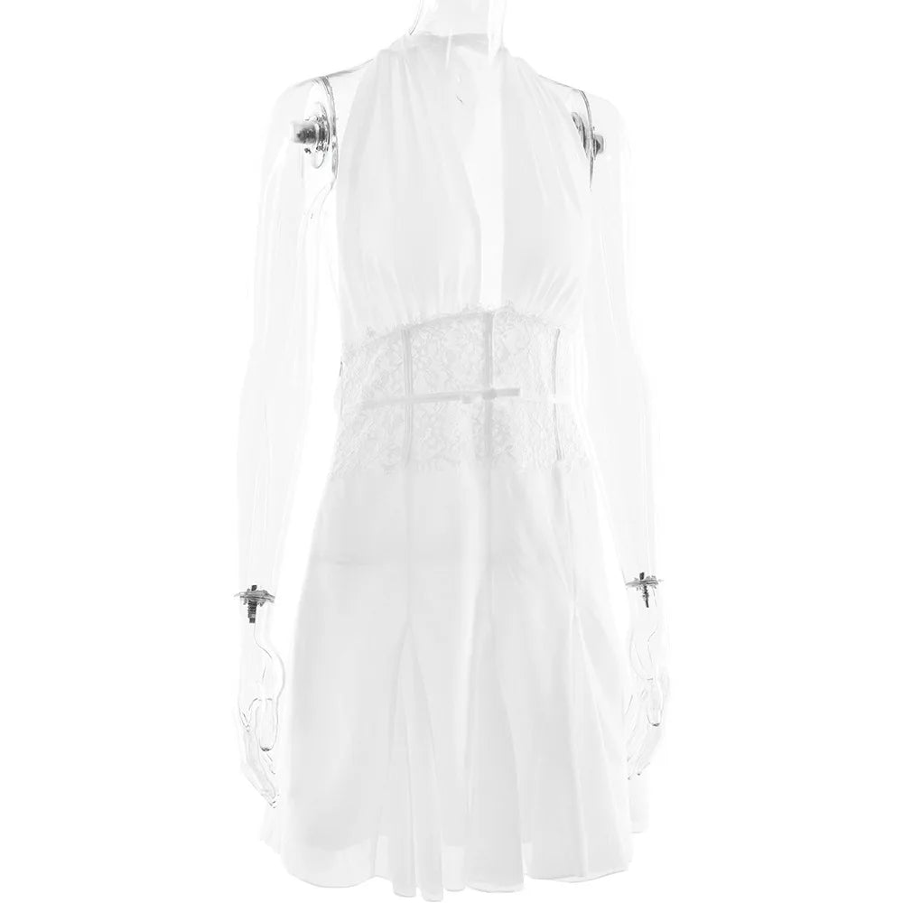 שמלת מיני קשירה בעורף גב פתוח בעיטור תחרה - הילה