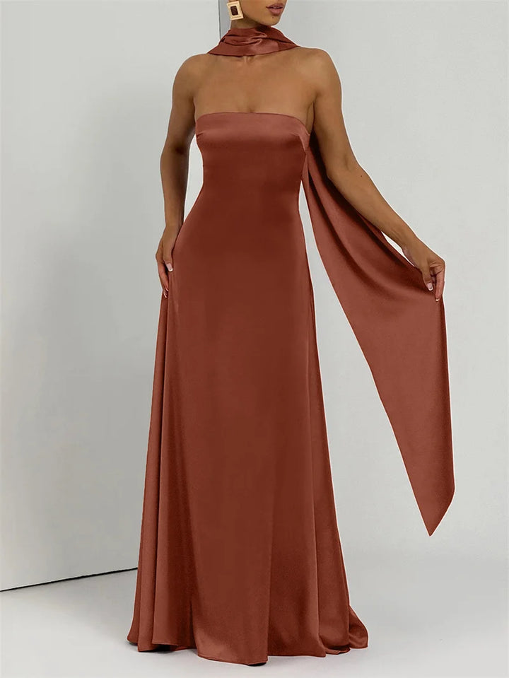 שמלת מקסי סטרפלס סאטן בעיטור צעיף תואם - טיראן