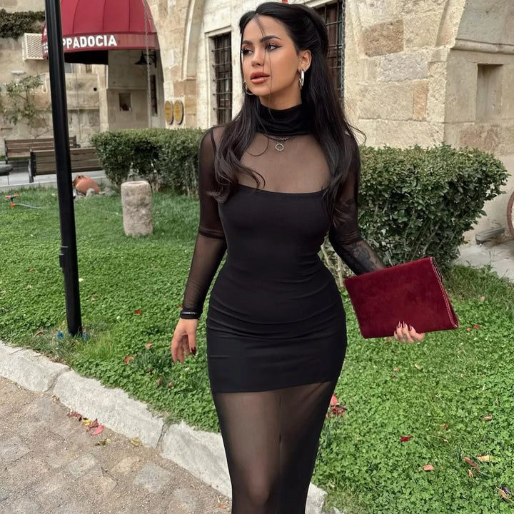 שמלת מקסי רשת בשילוב תחתית צווארון גולף - Isabella