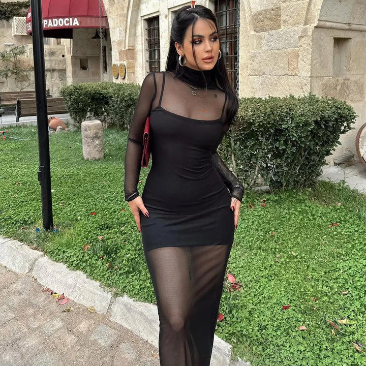 שמלת מקסי רשת בשילוב תחתית צווארון גולף - Isabella