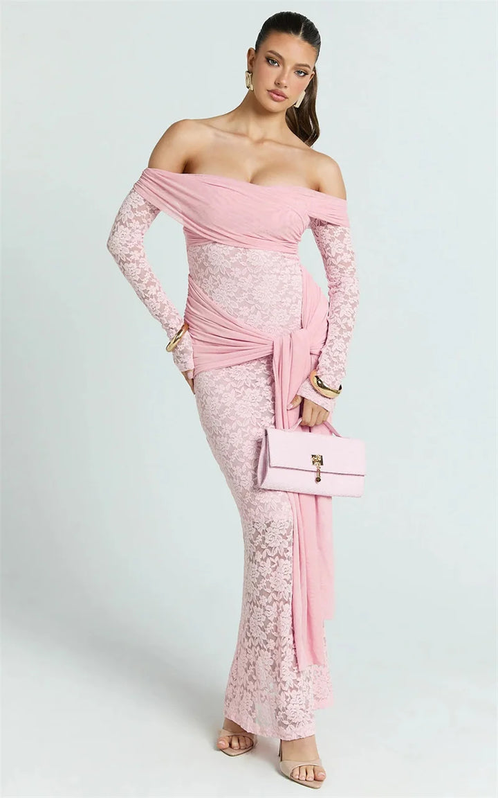 שמלת מקסי תחרה כתפיים חשופות - ורדית