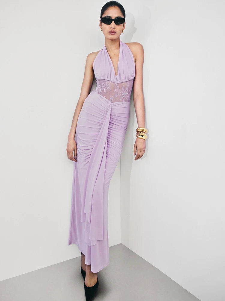 שמלת מקסי בעיצוב תחרה וכיווצים גב פתוח - לילך