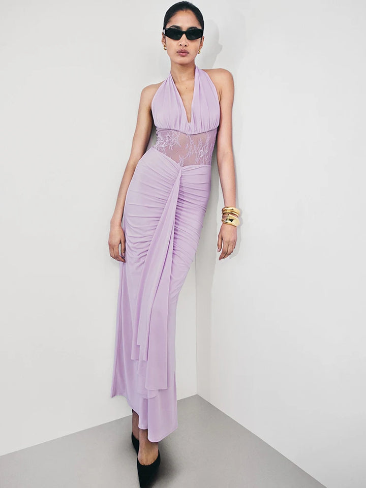 שמלת מקסי בעיצוב תחרה וכיווצים גב פתוח - לילך