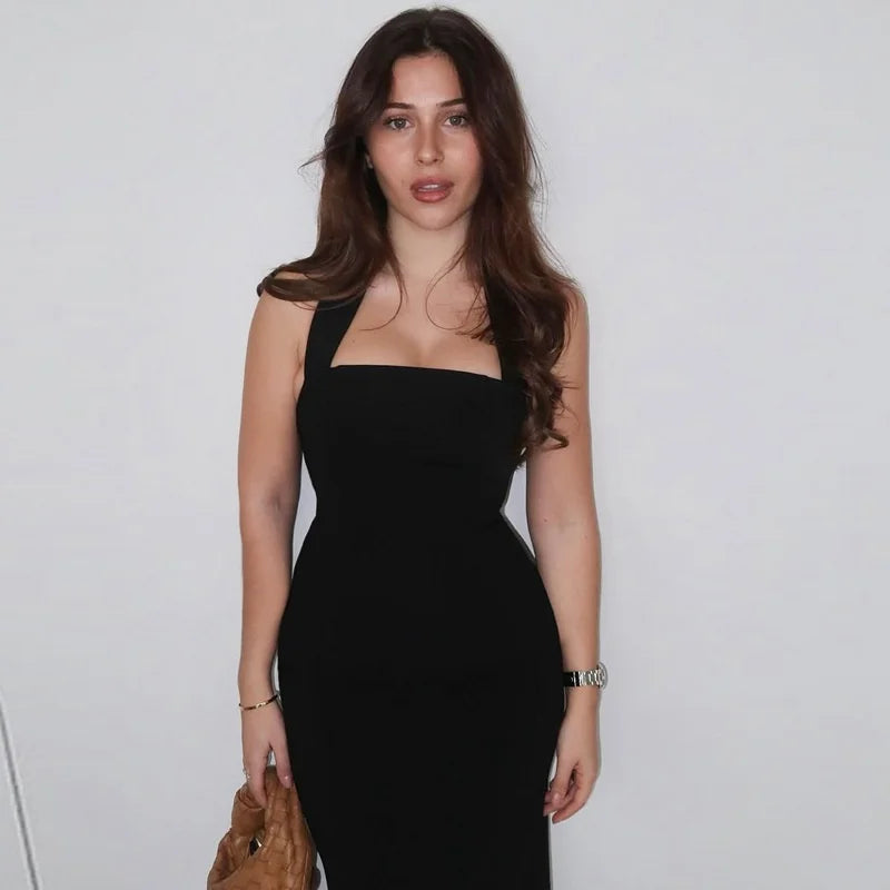 שמלת מקסי קשירה בעורף גב פתוח בד מחוטב - ילין