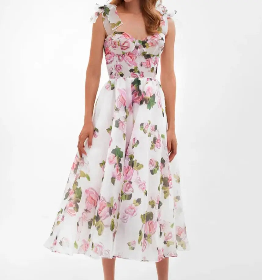 שמלת מידי שיפון פרחונית בגזרת A קשירה בכתפיות - ורונה