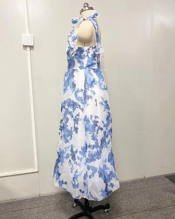 שמלת מידי שיפון פרחונית בגזרת A קשירה בכתפיות - ורונה