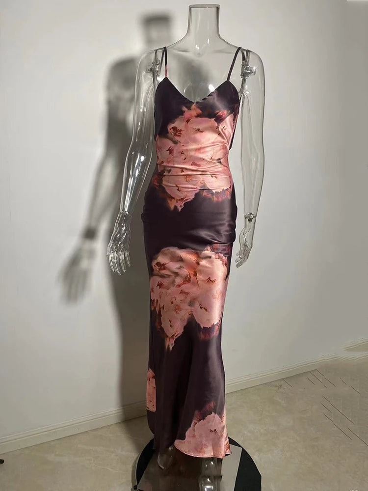 שמלת מקסי סאטן גב פתוח בעיצוב הדפס פרחים - לינדה