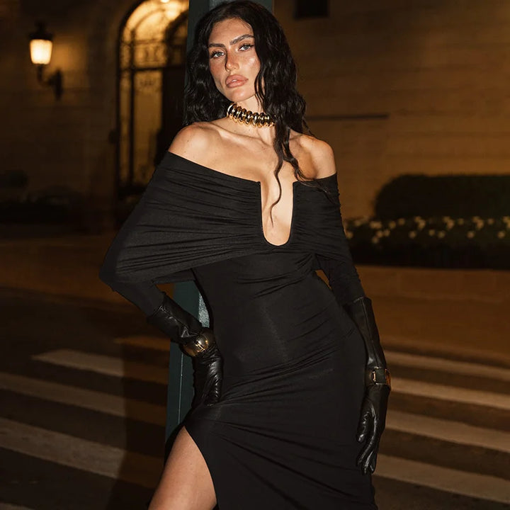 שמלת מקסי כתפיים חשופות בעיצוב שסע - לילי