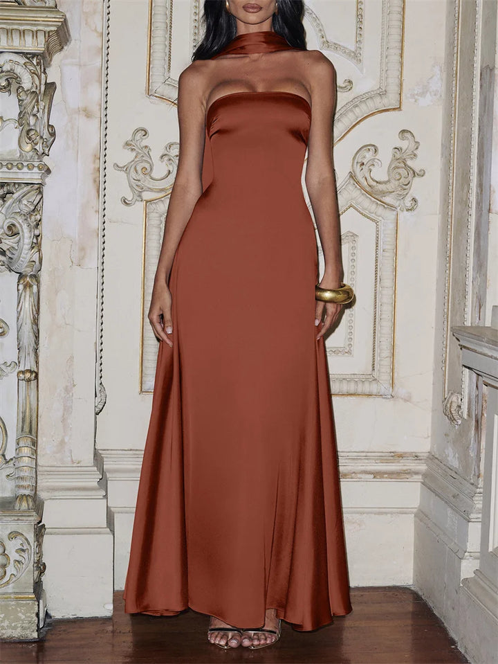 שמלת מקסי סטרפלס סאטן בעיטור צעיף תואם - טיראן