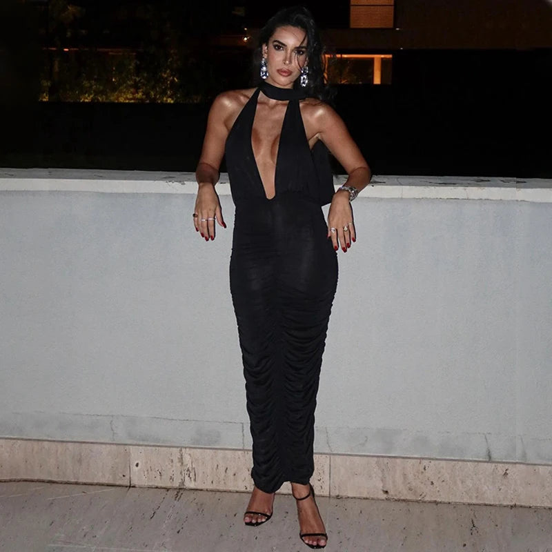 שמלת מקסי קולר כיווצים צמודה צווארון V גב פתוח - Jimena