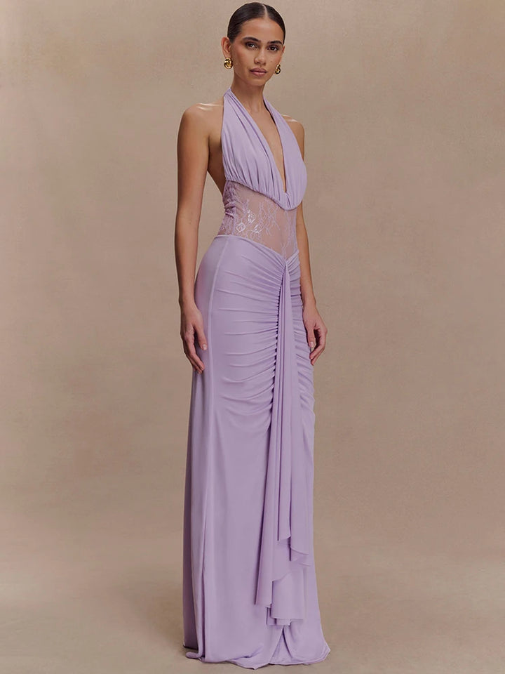 שמלת מקסי בעיצוב תחרה וכיווצים גב פתוח - לילך