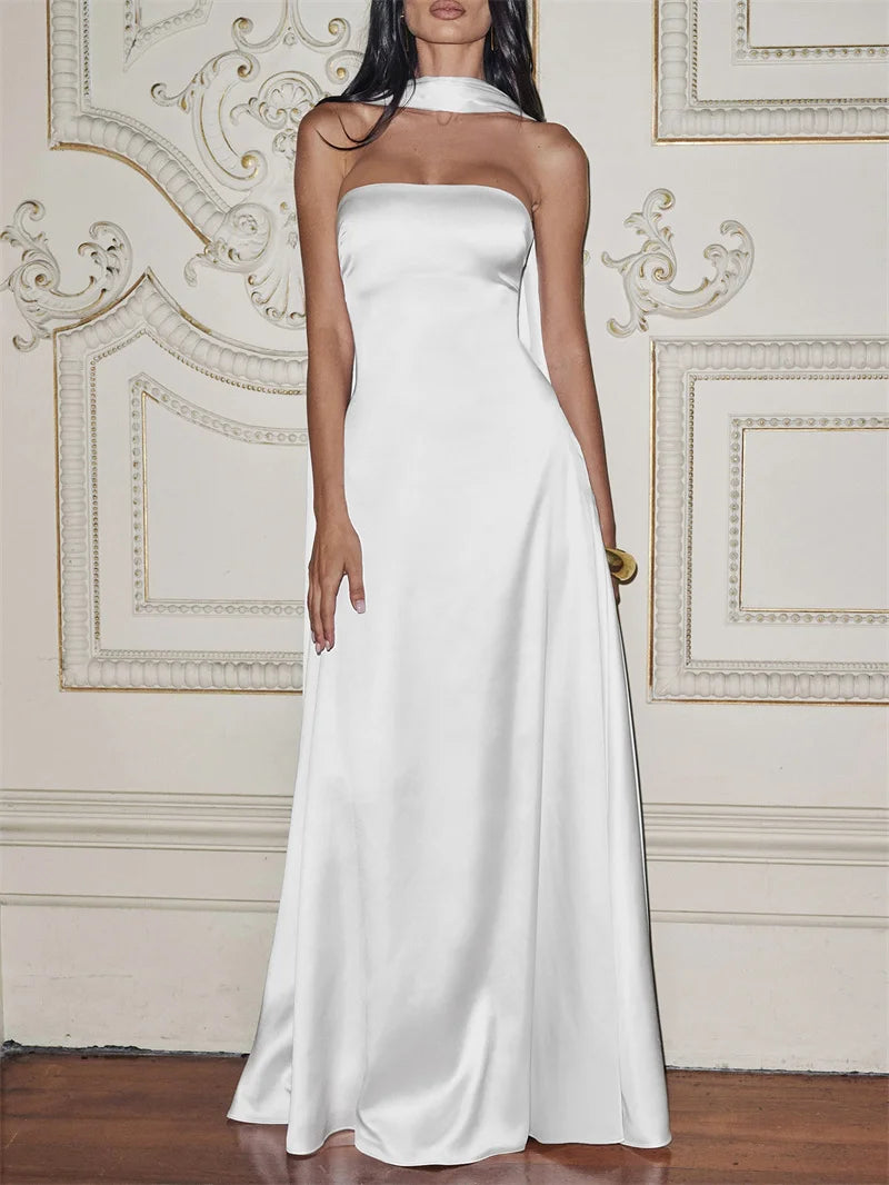 שמלת מקסי סטרפלס סאטן בעיטור צעיף תואם - טיראן