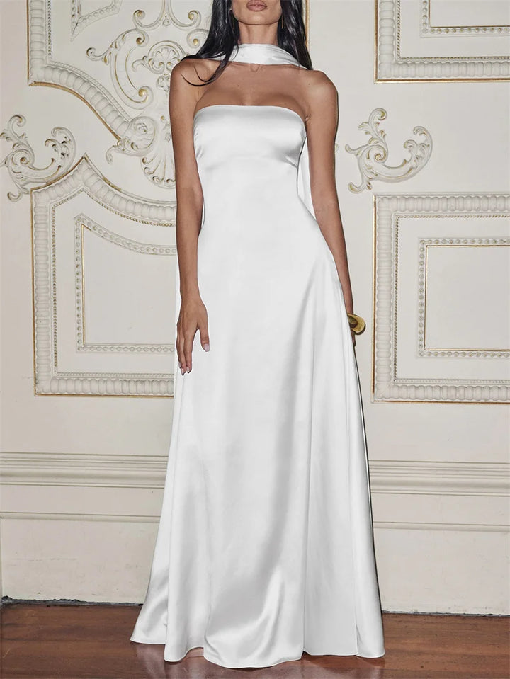 שמלת מקסי סטרפלס סאטן בעיטור צעיף תואם - טיראן