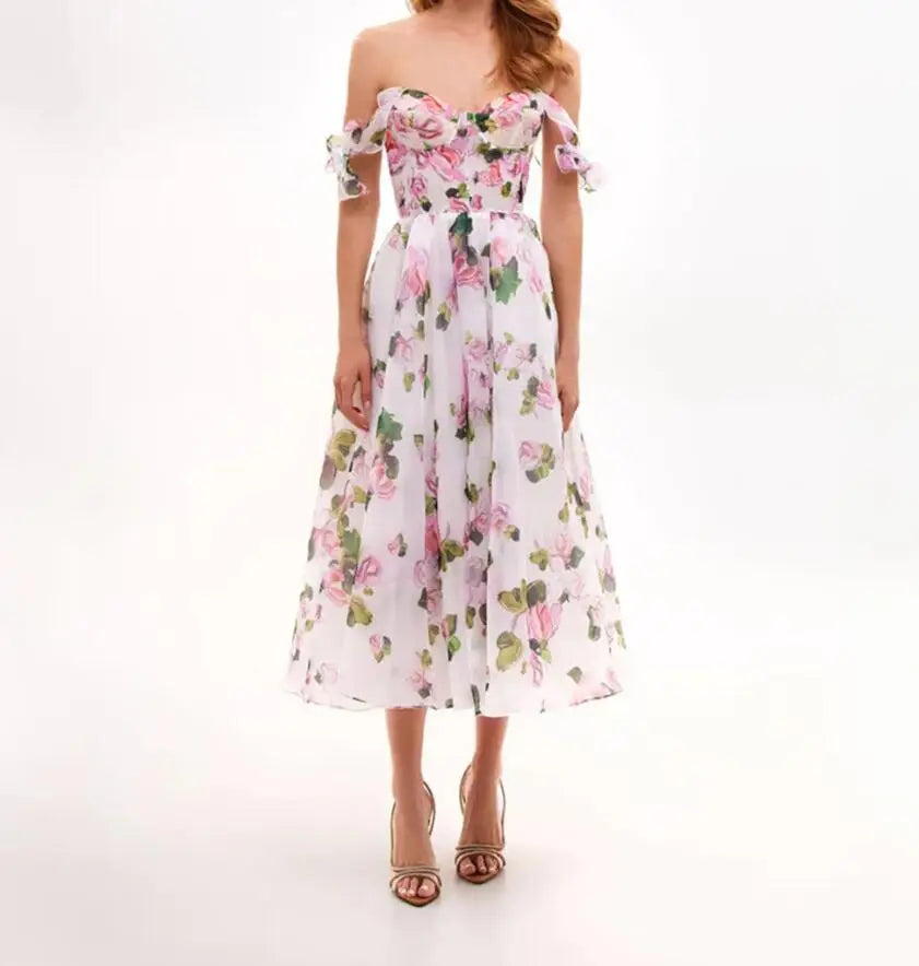 שמלת מידי שיפון פרחונית בגזרת A קשירה בכתפיות - ורונה