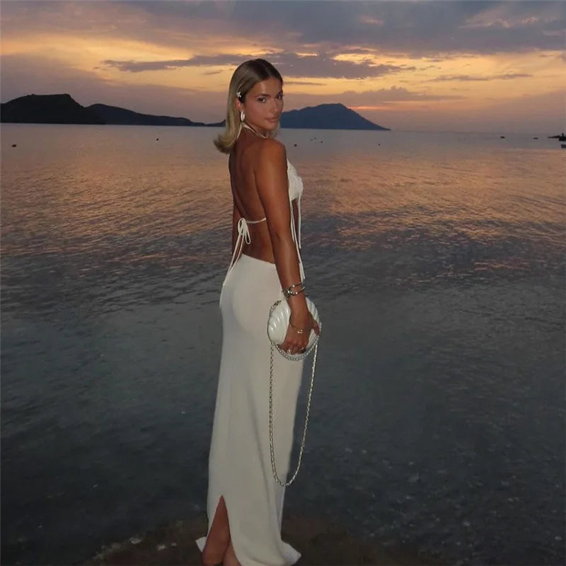 סט שני חלקים סרוג בעיטור אפליקציות פרחים טופ קשירה וחצאית מקסי - אווה