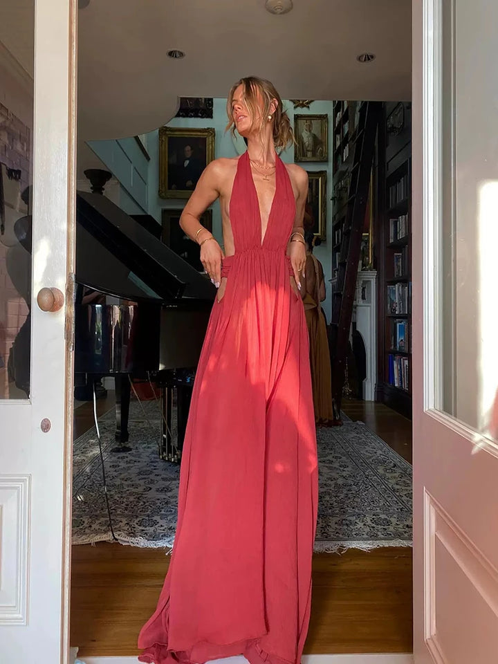 שמלת מקסי שיפון בוהו שיק קשירה בעורף גב פתוח - הל