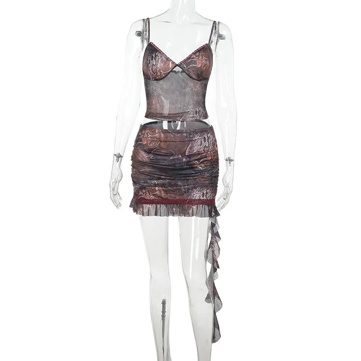 סט שני חלקים בעיצוב הדפס מיוחד טופ וחצאית מיני בעיטור שובל מלמלה - טוניק