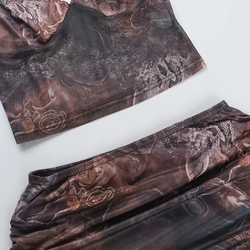 סט שני חלקים בעיצוב הדפס מיוחד טופ וחצאית מיני בעיטור שובל מלמלה - טוניק