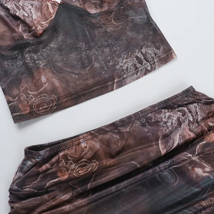 סט שני חלקים בעיצוב הדפס מיוחד טופ וחצאית מיני בעיטור שובל מלמלה - טוניק