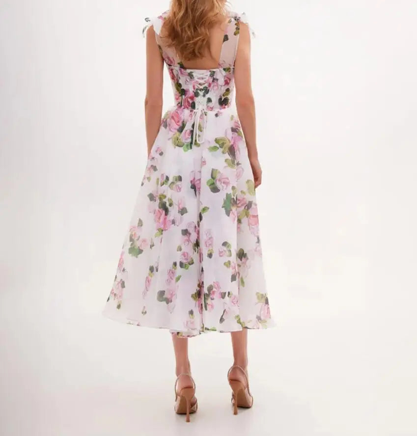 שמלת מידי שיפון פרחונית בגזרת A קשירה בכתפיות - ורונה