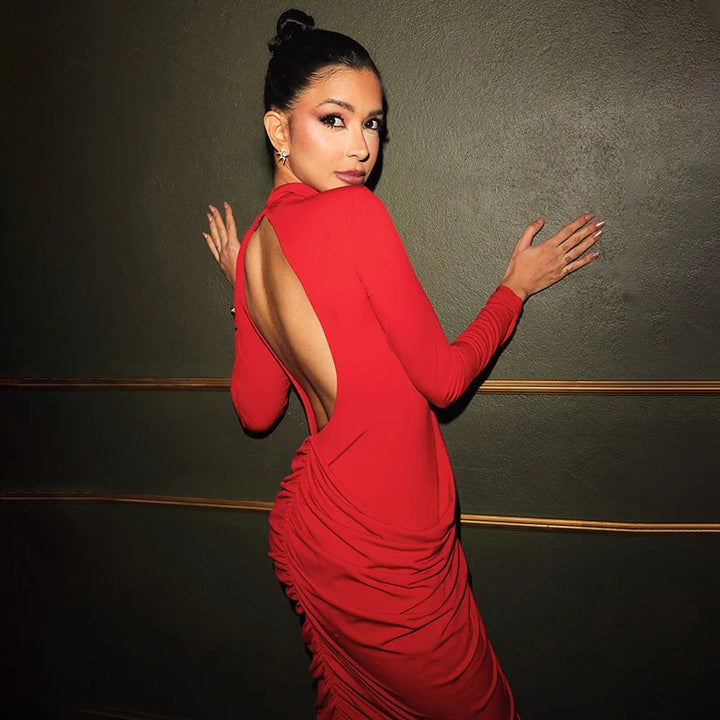 שמלת מקסי בעיצוב קיפולים גב פתוח  - אורון