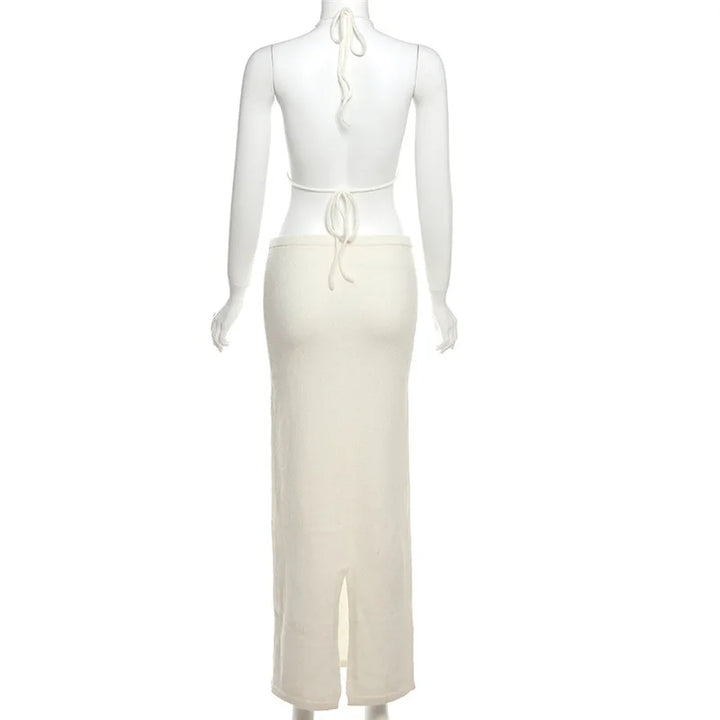 סט שני חלקים סרוג בעיטור אפליקציות פרחים טופ קשירה וחצאית מקסי - אווה