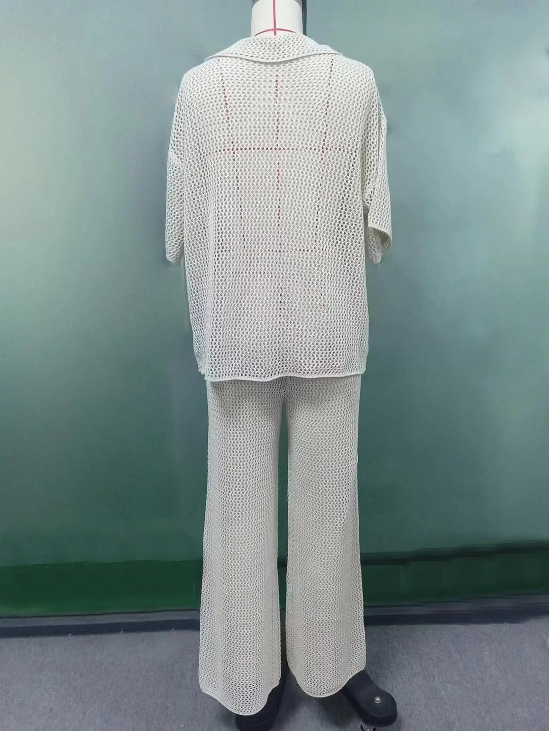 חליפת חוף סרוגה שני חלקים סטייל LOOSE חולצת כפתורים ומכנסיים ארוכים - גלפאגוס